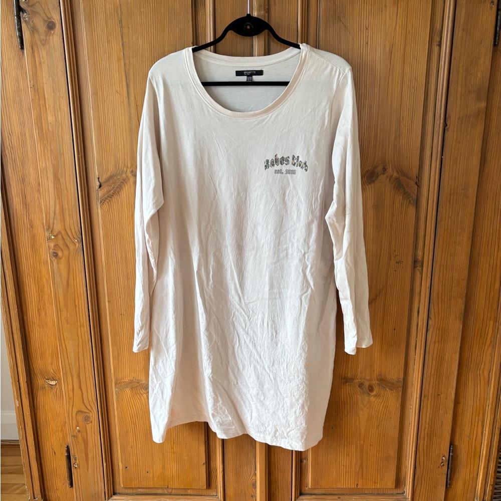 Brunette The Label Cream and Tan Dolman Sleeve Knee-Length Shirt Dress